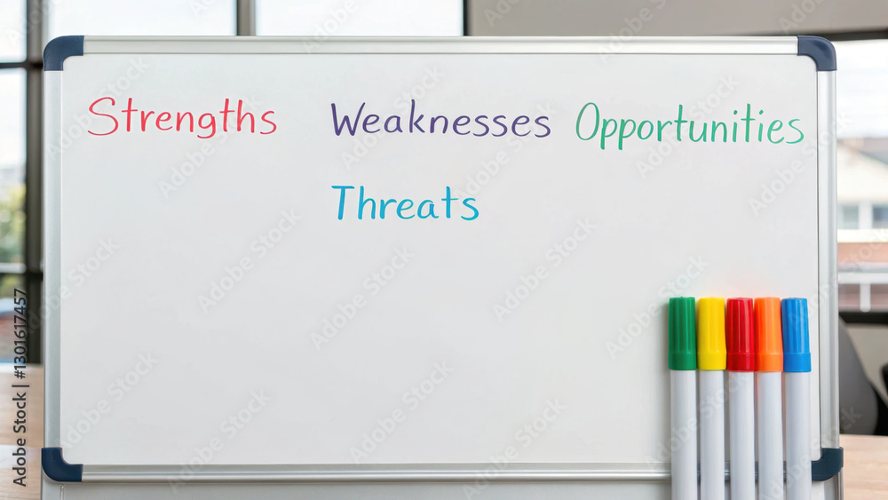 Weaknesses Visual SWOT analysis on whiteboard with colorful markers, showcasing strengths ...