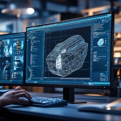 Fototapete - 3D Modeling and Design: Creating Wireframe Models on a Computer for Product Development and Engineering