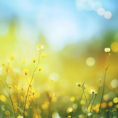 Poster - Golden Meadow: Sunlit Flowers Dancing in a Dreamy Field with Bokeh Lights Against a Soft Blue Sky
