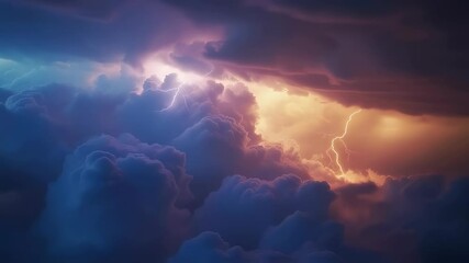 Dramatic thunderstorm with lightning bolts illuminating dark clouds. Nature's power showcased in blue and orange hues. Atmospheric phenomenon for weather forecasting and climate study