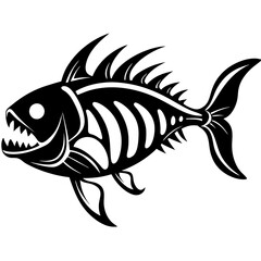 an illustrated image of a piranha fish skeleton with a menacing grin. the artwork features a detaile