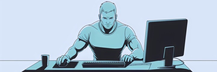Minimalistic illustration of a coder with short hair and a beard at a desk with neon lights – Great for digital marketing, tech branding, or coding tutorials.