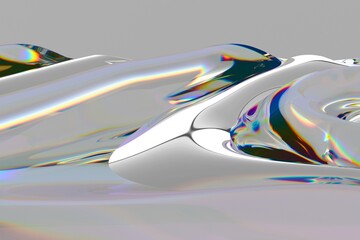 Poster - Flowing, iridescent surface with rainbow reflections creates a mesmerizing wave-like pattern in this abstract 3D illustration, set against a smooth gray background.