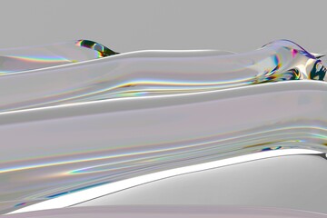 Aufkleber - Flowing, iridescent surface with rainbow reflections creates a mesmerizing wave-like pattern in this abstract 3D illustration, set against a smooth gray background.