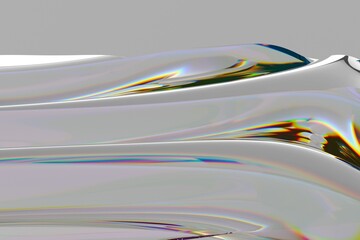 Poster - Flowing, iridescent surface with rainbow reflections creates a mesmerizing wave-like pattern in this abstract 3D illustration, set against a smooth gray background.