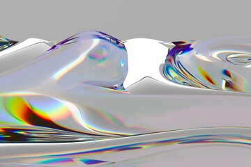 Poster - Flowing, iridescent surface with rainbow reflections creates a mesmerizing wave-like pattern in this abstract 3D illustration, set against a smooth gray background.