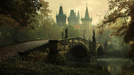 Wall Mural - Misty autumn morning, stone bridge, gothic castle, statues.