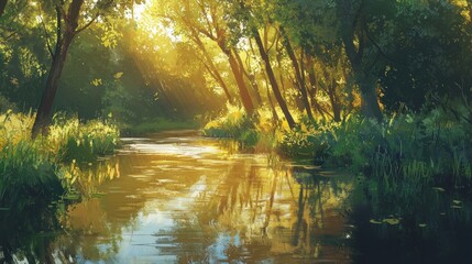 Wall Mural - Sunlit river flowing through lush green forest.