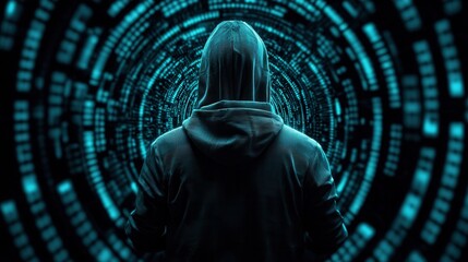 Mysterious hooded figure silhouette infiltrating a futuristic glowing digital tunnel representing the threat of cyber attacks and the importance of cybersecurity in the digital age
