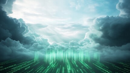 Digital rain over clouds, futuristic technology concept