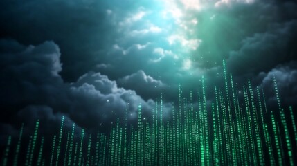 Digital rain under stormy sky; tech background