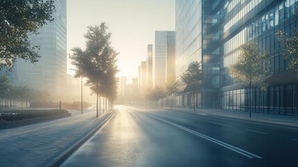 Wall Mural - Misty sunrise city street scene.