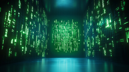 Wall Mural - a futuristic room filled with vibrant green data streams cascading down walls, creating an immersive