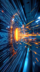 Wall Mural - bright orange light bursts from the center, surrounded by flowing lines of blue and orange data, cre