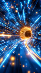 Wall Mural - a vibrant tunnel of light stretches into the distance, featuring blue and golden hues. particles spa