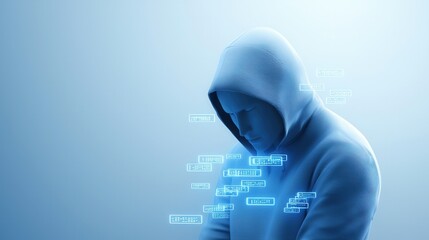 Mysterious Hooded Hacker Surrounded by Glowing Digital Data and Programming Code   Conceptual of Cybersecurity Data Protection and Information Technology