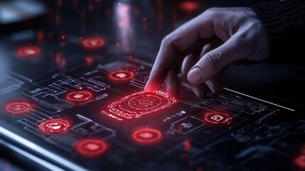 A mysterious hacker figure interacting with a glowing futuristic holographic display in a dark digital environment  The image conveys a sense of advanced technology cybersecurity