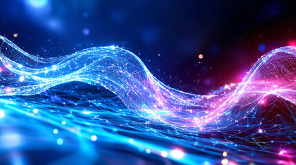 Wall Mural - a vibrant wave of glowing light flows across a dark backdrop, representing connections in a digital 