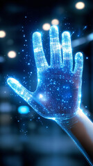 Wall Mural - a human hand exhibits a radiant, glowing blue appearance with sparkling particles. the setting appea