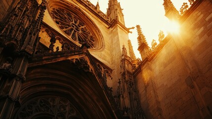 Wall Mural - Gothic cathedral facade, sunlit stone architecture, low angle.