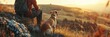 © QLab - Serene Hiker and Dog on Rolling Grassland at Golden Hour - Emphasizing Their Connection in High Definition with Ample Copy Space for Peaceful Ambiance