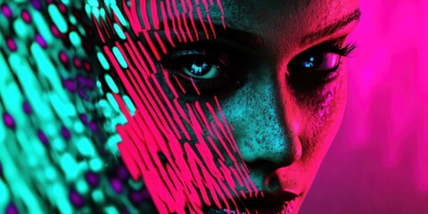 Wall Mural - a vibrant futuristic portrait that features neon elements and digital textures in a striking way