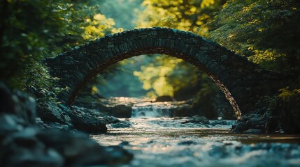 Wall Mural - Stone arch bridge over a flowing stream in a lush forest.