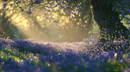 Wall Mural - Sunlit lavender field in a forest.