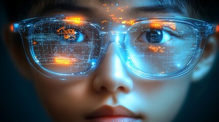 A person wears glasses with a technology data projection visible