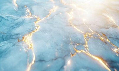 Wall Mural - artistic close-up of blue and white marble with golden veins, illuminated by subtle light emphasizin