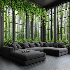 Wall Mural - A modern living room with large forest view windows