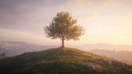 Wall Mural - Solitary tree on hilltop at sunrise.