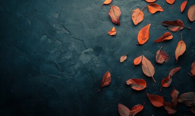 Wall Mural - Artistic flat lay of vibrant autumn leaves scattered on a textured dark surface illuminated by soft natural light for a dramatic seasonal aesthetic