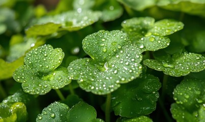 Wall Mural - Macro shot of fresh raindrops on vibrant green leaves illuminated by soft sunlight emphasizing their natural freshness and texture