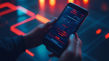 Person uses a smartphone with a futuristic digital interface