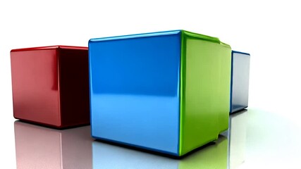 Isolated Row of Three Colorful Square Prisms with Sharp Edges Reflecting on White Surface