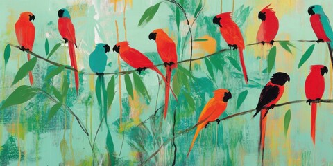 Wall Mural - a collection of colorful birds resting on branches within a vibrant natural setting