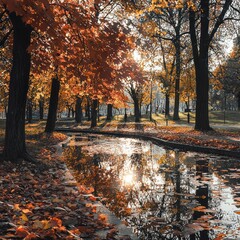 Wall Mural - Autumnal park scene with pond reflecting sunlight.