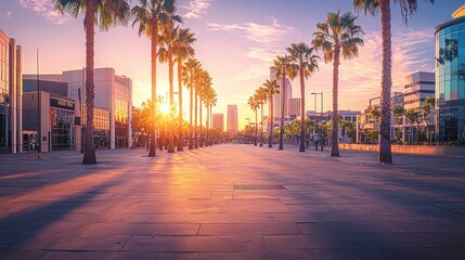 Wall Mural - Sunrise over palm tree lined city boulevard.