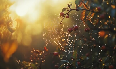 The morning sun highlights a spiderweb adorned with dew drops, crafting an exquisite and detailed pattern.