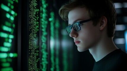 Young programmer analyzing code, server room, night