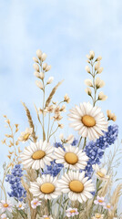 Wall Mural - Light blue background with flowers on the borders, vertical banner with copy space and floral frame. Framework for wedding invitation or card, spring design