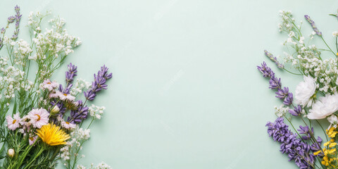 Wall Mural - Light green background with flowers on the borders, banner with copy space and floral frame. Framework for wedding invitation or card, spring design	