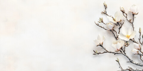 Wall Mural - Light beige background with flowers on the borders, banner with copy space and floral frame. Framework for wedding invitation or card, spring design	