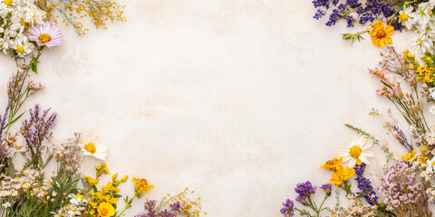 Wall Mural - Light beige background with flowers on the borders, banner with copy space and floral frame. Framework for wedding invitation or card, spring design	