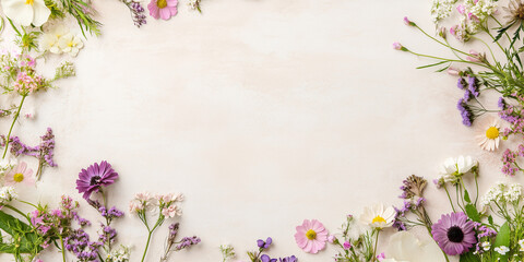 Wall Mural - Light rose pink background with flowers on the borders, banner with copy space and floral frame. Framework for wedding invitation or card, spring design