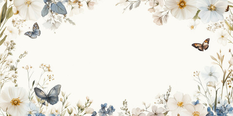 Wall Mural - Light rose pink background with flowers on the borders and butterflies, banner with copy space and floral frame. Framework for wedding invitation or card, spring design