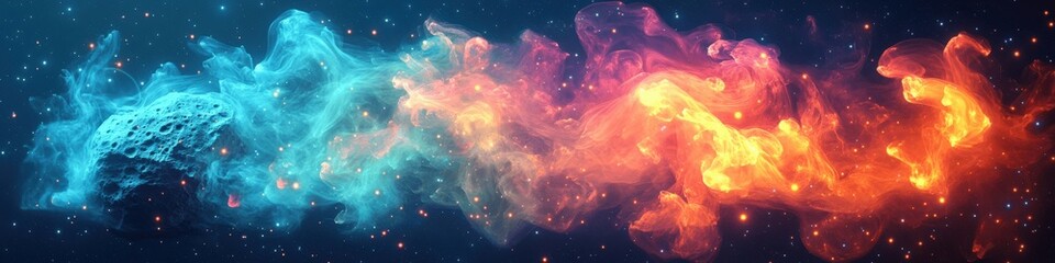 Wall Mural - stunning cosmic nebula art: vibrant blue and orange swirls in space, galaxies, starry night sky, abs