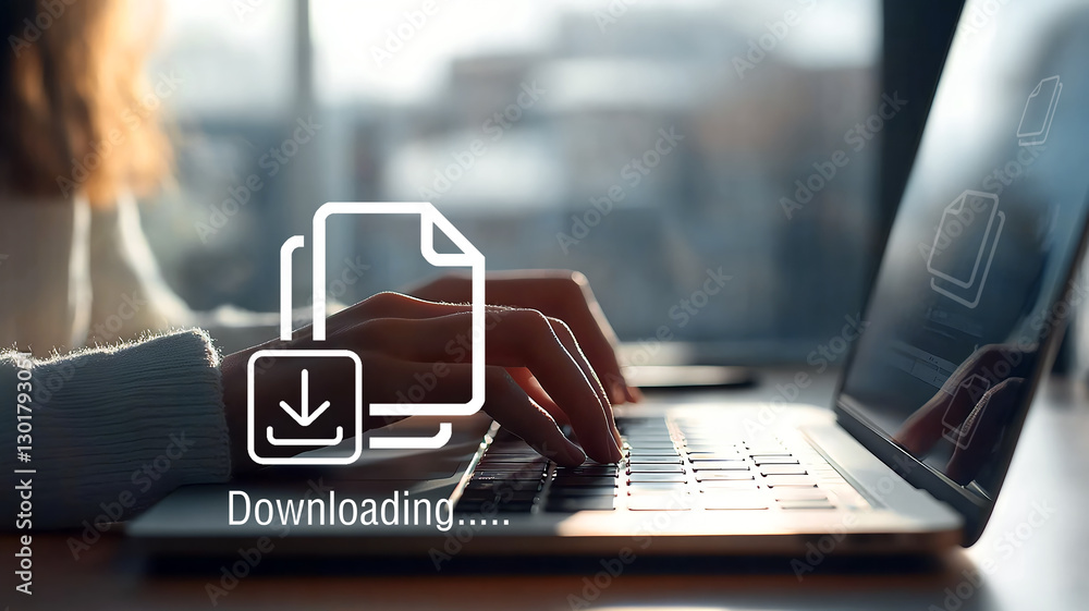 Computer Downloaded Image Business man downloading computer files or installing software on ...