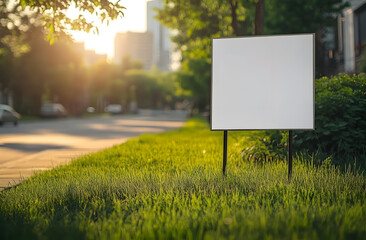 blank yard sign on green grass lawn near walking path, city street. empty signboard template, outdoo